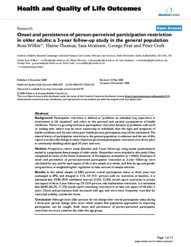 Onset and persistence of person-perceived participation restriction in older adults: a 3-year follow-up study in the general population Thumbnail
