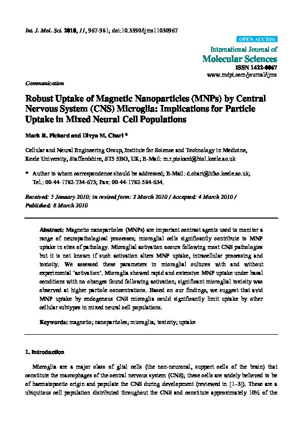 Robust uptake of magnetic nanoparticles (MNPs) by central nervous system (CNS) microglia: implications for particle uptake in mixed neural cell populations Thumbnail