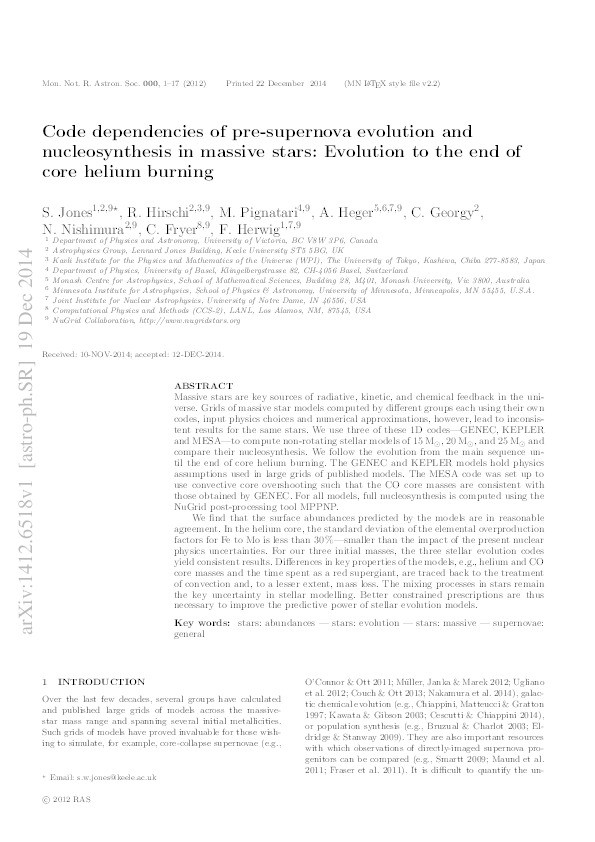 Code dependencies of pre-supernova evolution and nucleosynthesis in massive stars: Evolution to the end of core helium burning Thumbnail