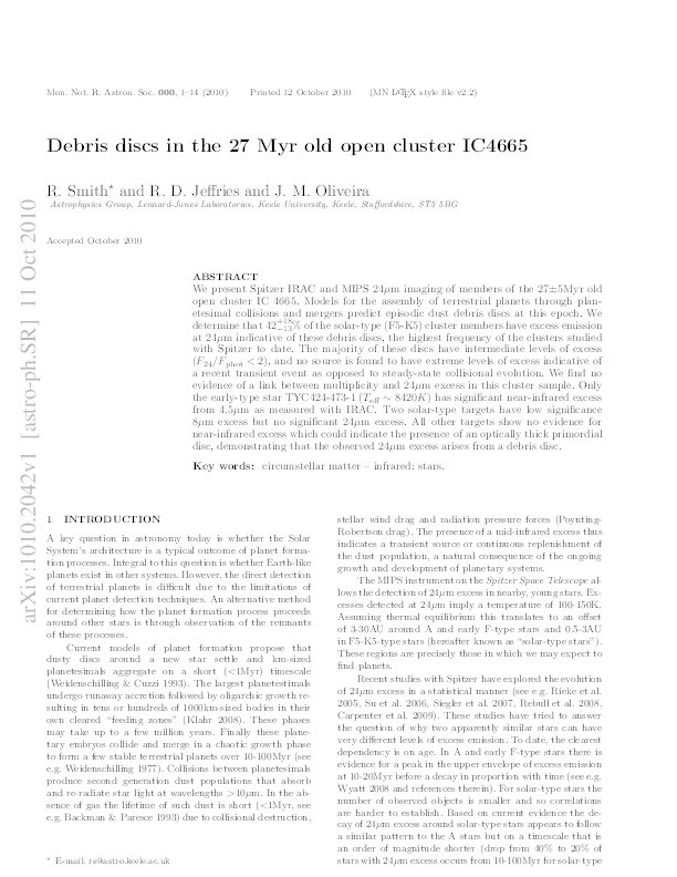 Debris discs in the 27 Myr old open cluster IC4665 Thumbnail