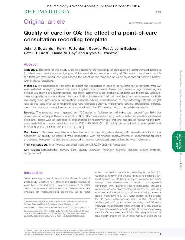 Quality of care for OA: the effect of a point-of-care consultation recording template. Thumbnail