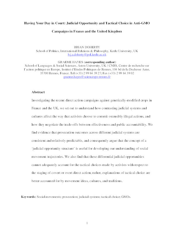 Having Your Day in Court: Judicial Opportunity and Tactical Choice in Anti-GMO Campaigns in France and the United Kingdom Thumbnail