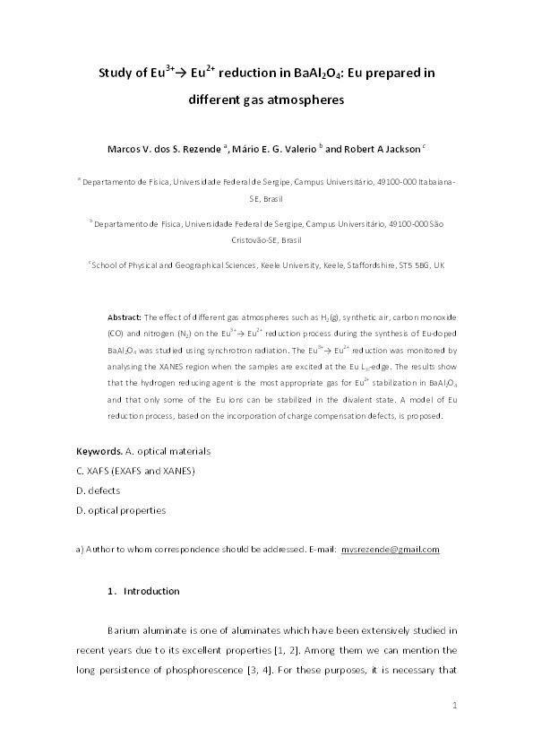 Study of Eu3+ -> Eu2+ reduction in BaAl2O4:Eu prepared in different gas atmospheres Thumbnail