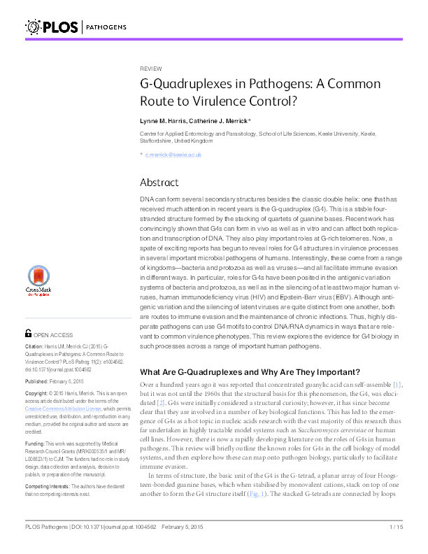 G-Quadruplexes in Pathogens: A Common Route to Virulence Control? Thumbnail