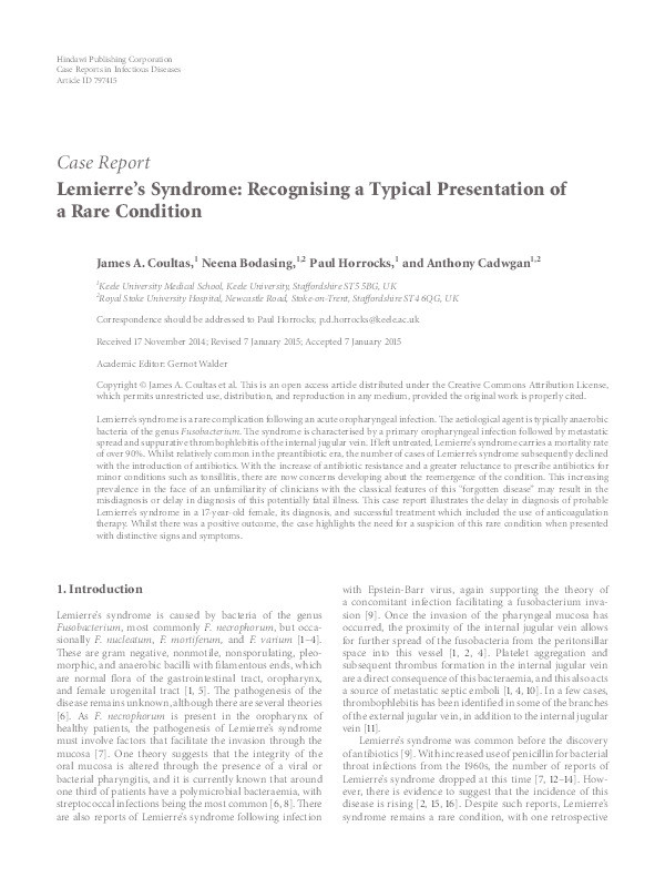 Lemierre's Syndrome: recognising a typical presentation of a rare condition Thumbnail