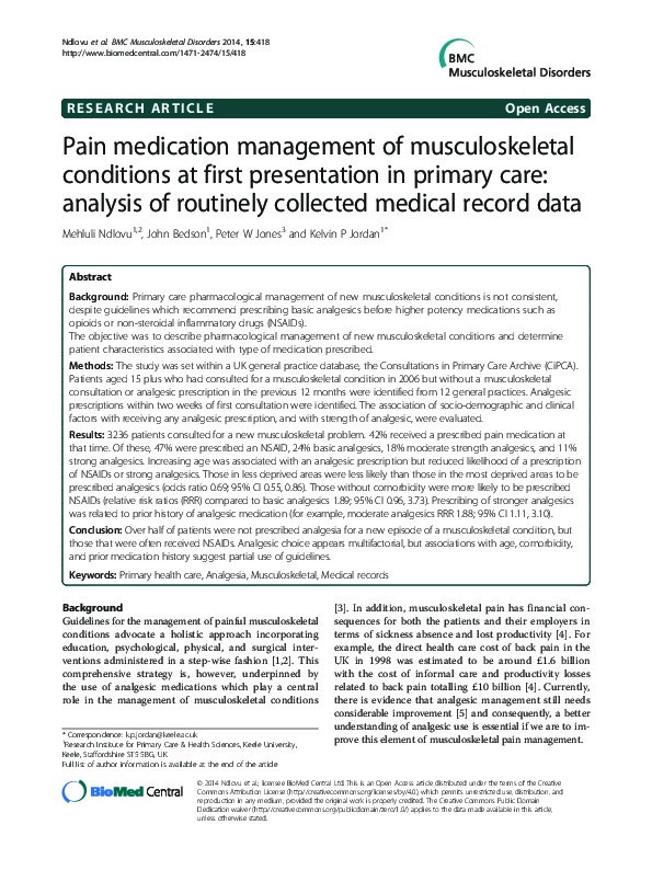 Pain medication management of musculoskeletal conditions at first presentation in primary care: analysis of routinely collected medical record data Thumbnail