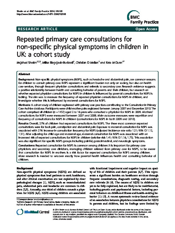 Repeated primary care consultations for non-specific physical symptoms in children in UK: a cohort study Thumbnail