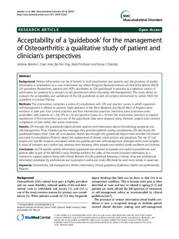 Acceptability of a 'guidebook' for the management of Osteoarthritis: a qualitative study of patient and clinician's perspectives Thumbnail