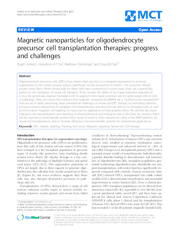 Magnetic nanoparticles for oligodendrocyte precursor cell transplantation therapies: progress and challenges Thumbnail