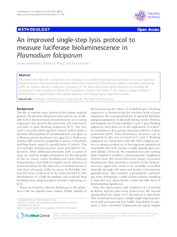 An improved single-step lysis protocol to measure luciferase bioluminescence in Plasmodium falciparum Thumbnail