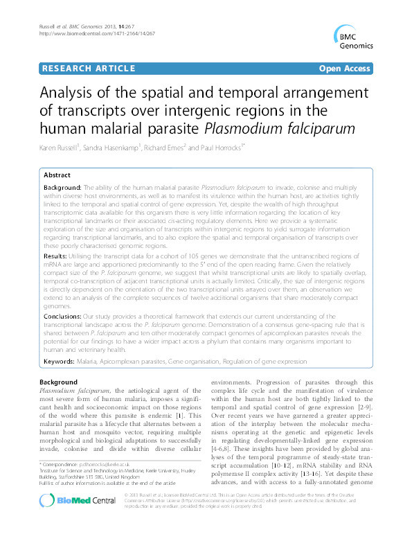 Analysis of the spatial and temporal arrangement of transcripts over intergenic regions in the human malarial parasite Plasmodium falciparum Thumbnail