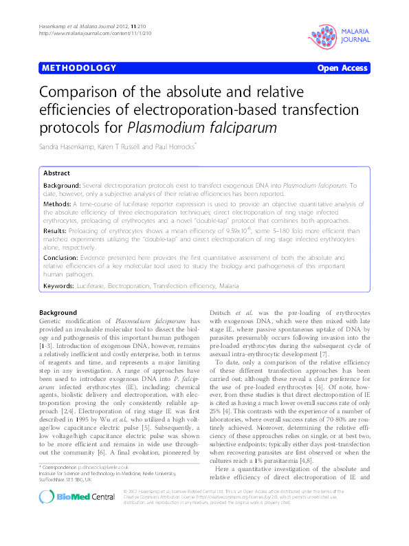 Comparison of the absolute and relative efficiencies of electroporation-based transfection protocols for Plasmodium falciparum. Thumbnail