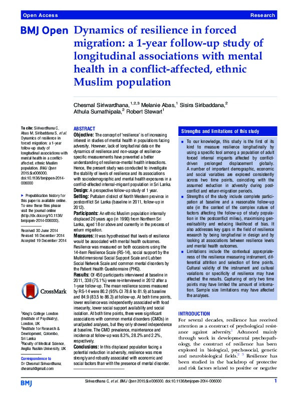 Dynamics of resilience in forced migration: a 1-year follow-up study of longitudinal associations with mental health in a conflict-affected, ethnic Muslim population. Thumbnail