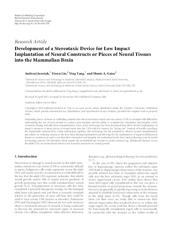 Development of a stereotaxic device for low impact implantation of neural constructs or pieces of neural tissues into the mammalian brain Thumbnail