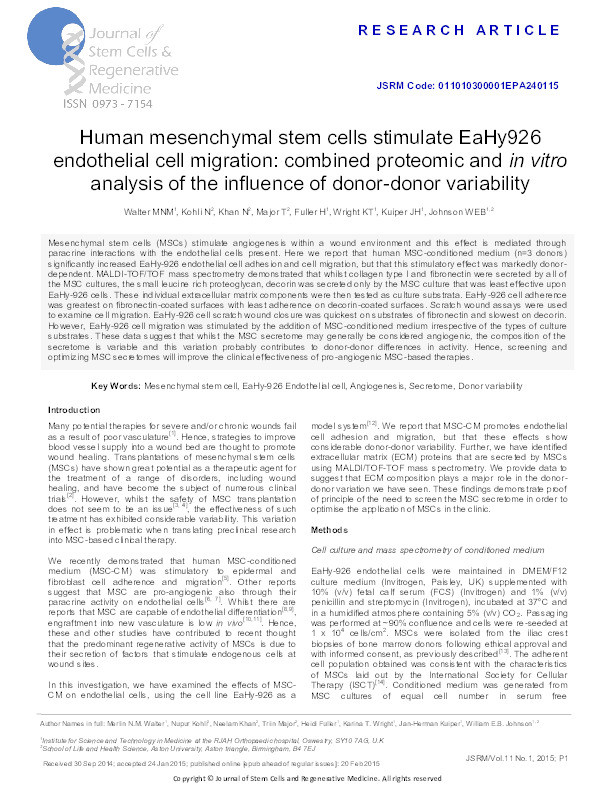 Human mesenchymal stem cells stimulate EaHy926 endothelial cell migration: combined proteomic and in vitro analysis of the influence of donor-donor variability Thumbnail