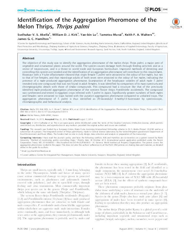 Identification of the aggregation pheromone of the melon thrips, Thrips palmi Thumbnail