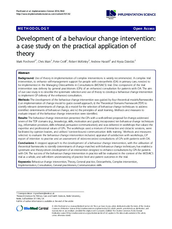 Development of a behaviour change intervention: a case study on the practical application of theory Thumbnail