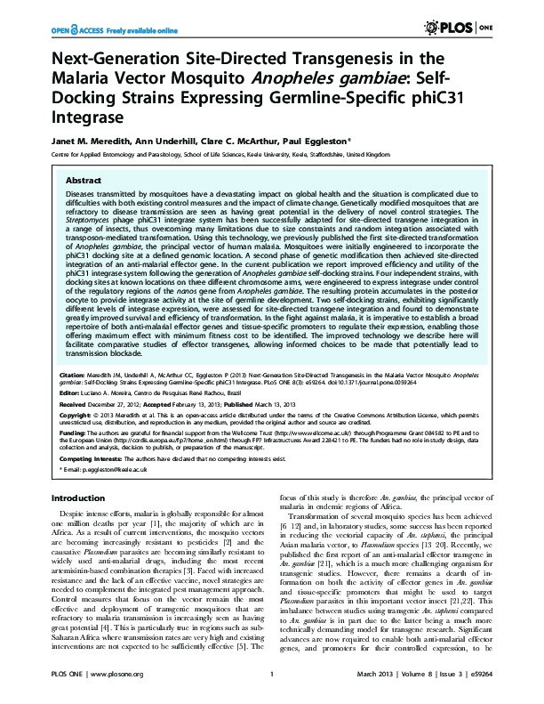 Next-generation site-directed transgenesis in the malaria vector mosquito Anopheles gambiae: self-docking strains expressing germline-specific phiC31 integrase Thumbnail
