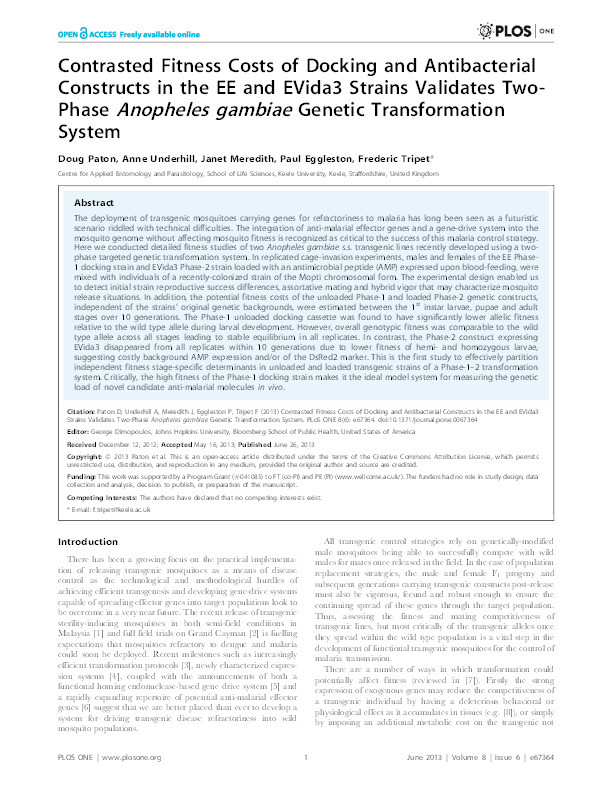 Contrasted Fitness Costs of Docking and Antibacterial Constructs in the EE and EVida3 Strains Validates Two-Phase Anopheles gambiae Genetic Transformation System Thumbnail
