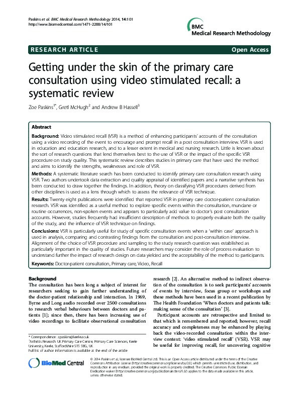 Getting under the skin of the primary care consultation using video stimulated recall: a systematic review Thumbnail