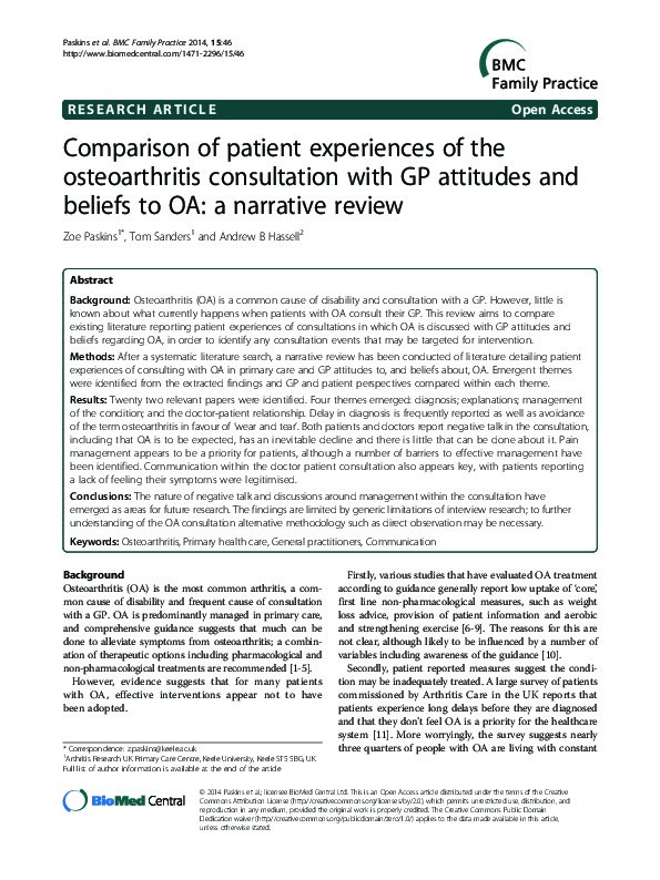 Comparison of patient experiences of the osteoarthritis consultation with GP attitudes and beliefs to OA: a narrative review Thumbnail