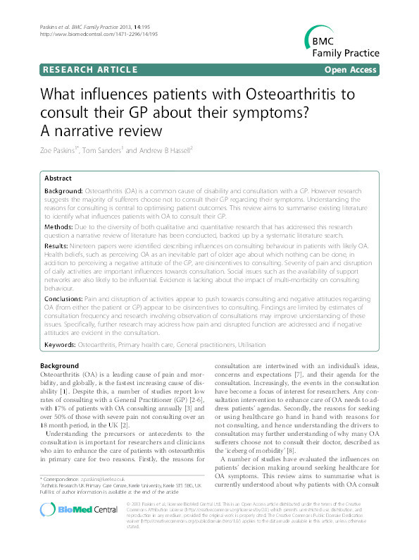 What influences patients with Osteoarthritis to consult their GP about their symptoms? A narrative review Thumbnail