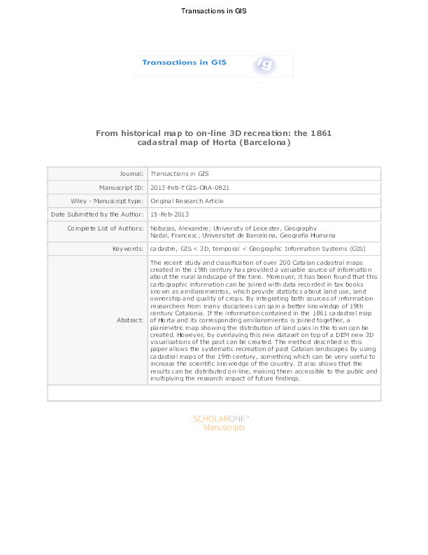 From historical map to online 3D recreation: the 1861 cadastral map of Horta (Barcelona) Thumbnail