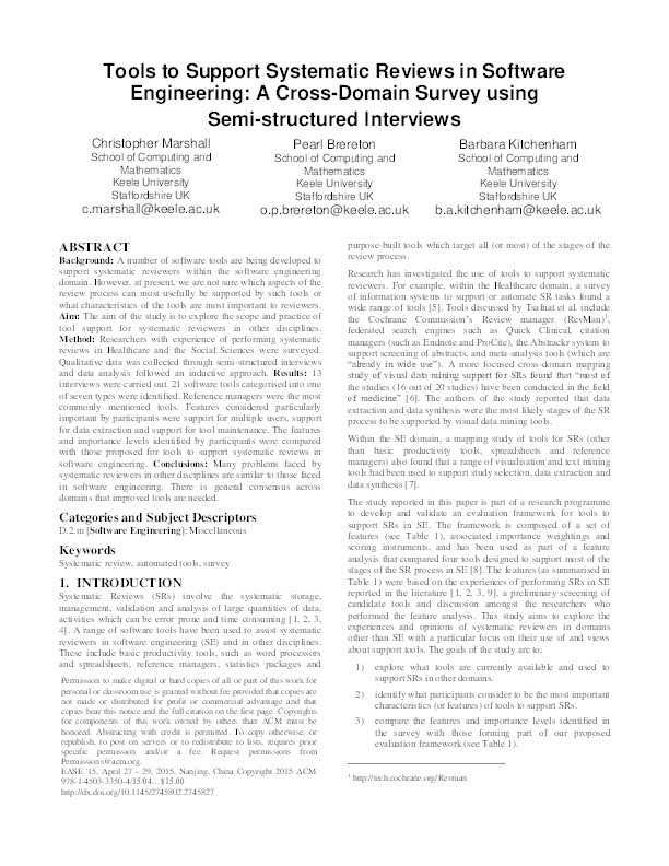 Tools to Support Systematic Reviews in Software Engineering: A Cross-Domain Survey using Semi-structured Interviews Thumbnail