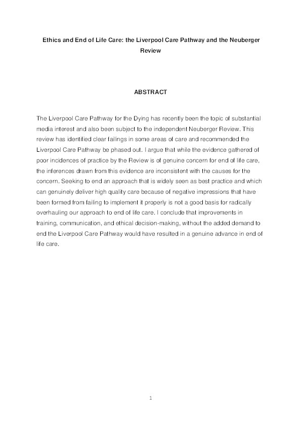 Ethics and end of life care: the Liverpool Care Pathway and the Neuberger Review Thumbnail