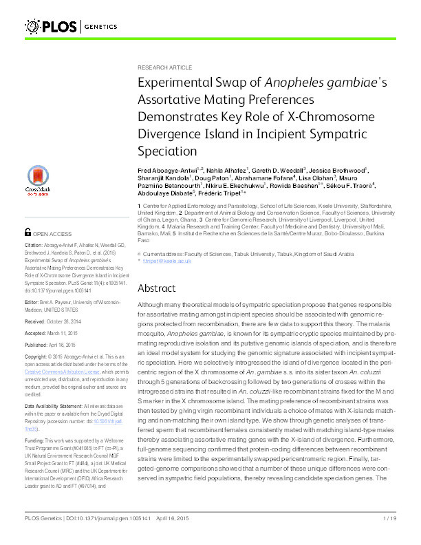 Experimental swap of anopheles gambiae's assortative mating preferences demonstrates key role of X-chromosome divergence island in incipient sympatric speciation Thumbnail