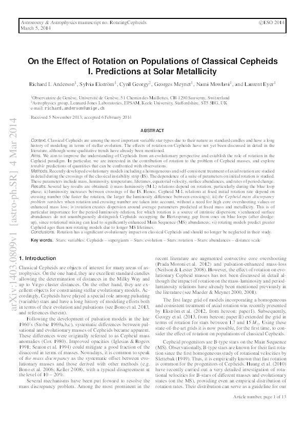 On the effect of rotation on populations of classical Cepheids I. Predictions at solar metallicity Thumbnail