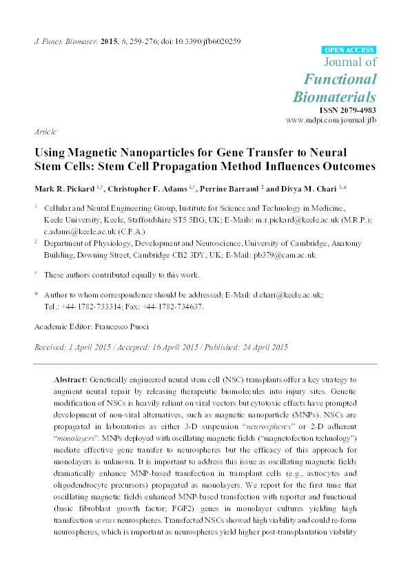 Using magnetic nanoparticles for gene transfer to neural stem cells: stem cell propagation method influences outcomes Thumbnail