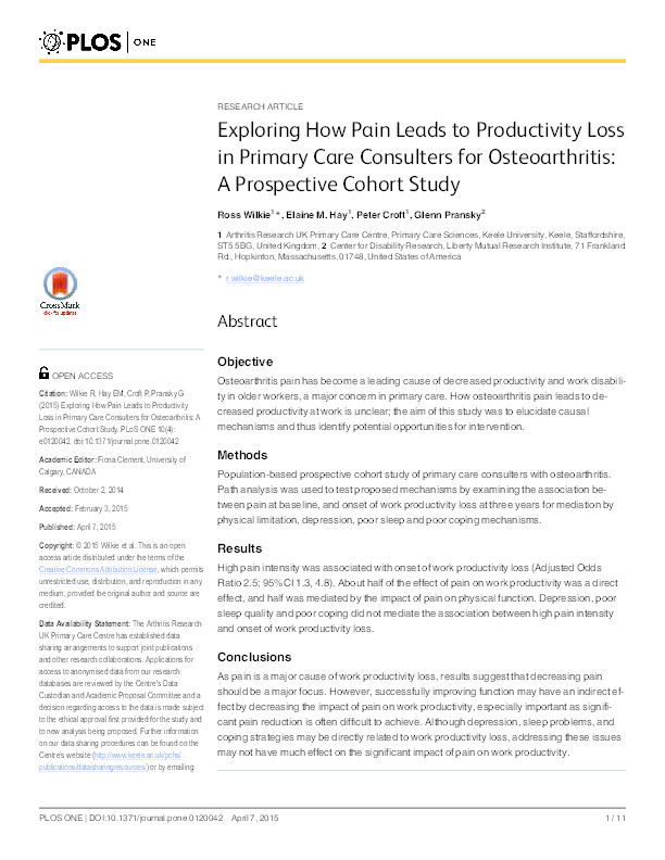 Exploring how pain leads to productivity loss in primary care consulters for osteoarthritis: a prospective cohort study Thumbnail