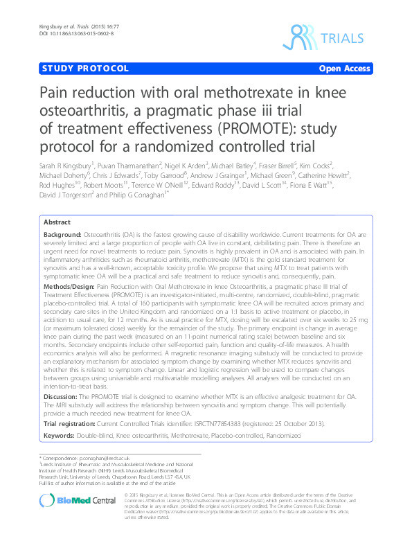 Pain reduction with oral methotrexate in knee osteoarthritis, a pragmatic phase iii trial of treatment effectiveness (PROMOTE): study protocol for a randomized controlled trial Thumbnail