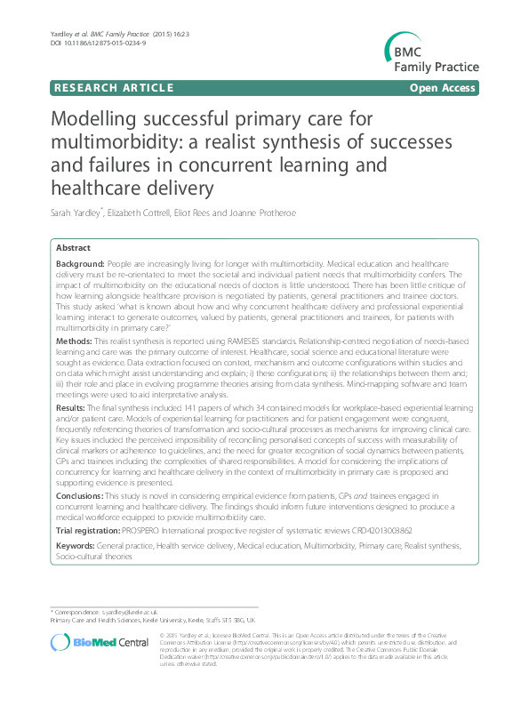 Modelling successful primary care for multimorbidity: a realist synthesis of successes and failures in concurrent learning and healthcare delivery Thumbnail