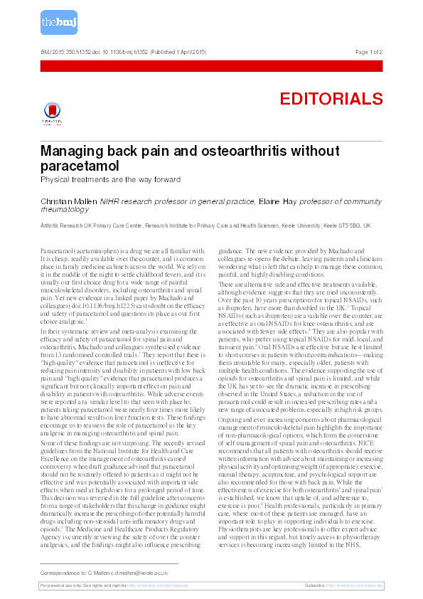 Managing back pain and osteoarthritis without paracetamol. Thumbnail