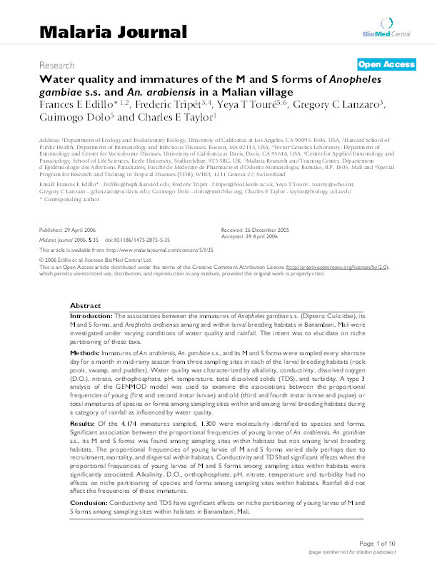 Water quality and immatures of the M and S forms of Anopheles gambiae s.s. and An. arabiensis in a Malian village Thumbnail