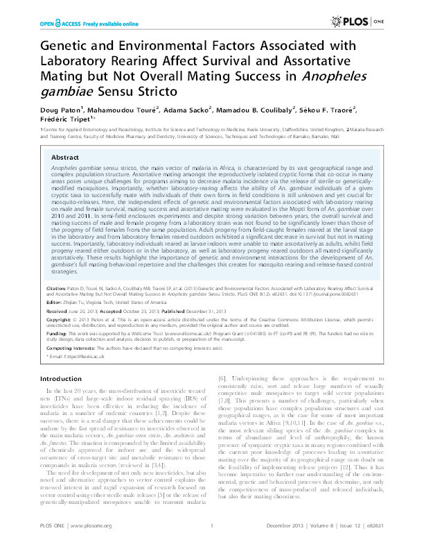 Genetic and environmental factors associated with laboratory rearing affect survival and assortative mating but not overall mating success in Anopheles gambiae sensu stricto. Thumbnail