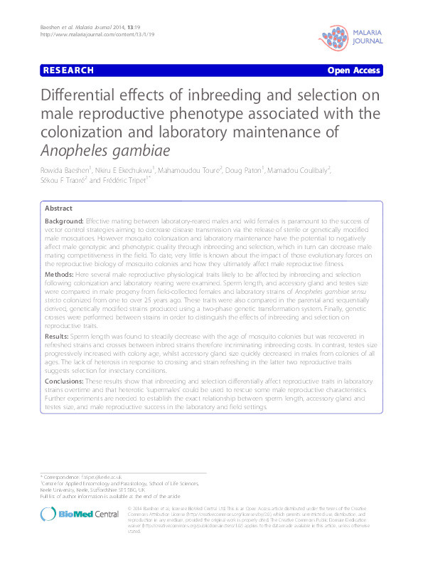 Differential effects of inbreeding and selection on male reproductive phenotype associated with the colonization and laboratory maintenance of Anopheles gambiae. Thumbnail