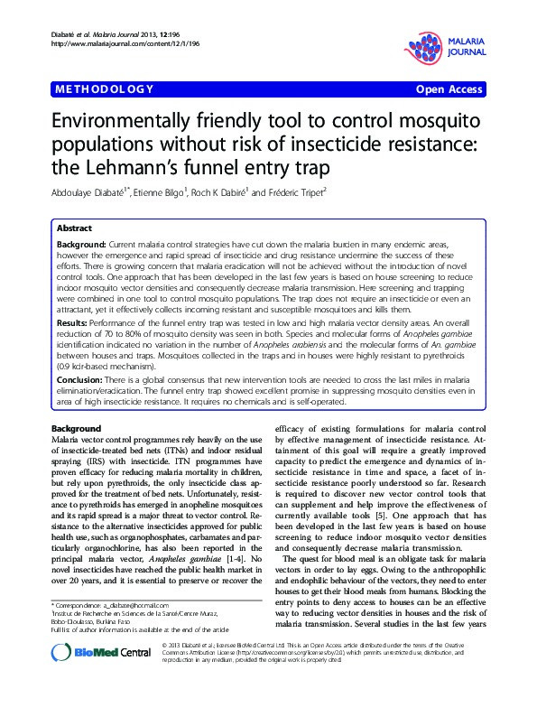 Environmentally friendly tool to control mosquito populations without risk of insecticide resistance: the Lehmann's funnel entry trap. Thumbnail