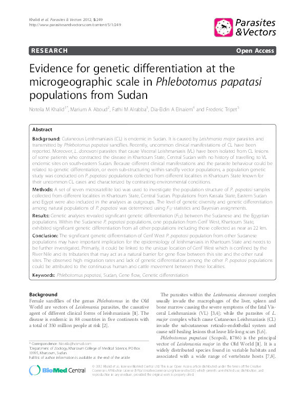 Evidence for genetic differentiation at the microgeographic scale in Phlebotomus papatasi populations from Sudan. Thumbnail