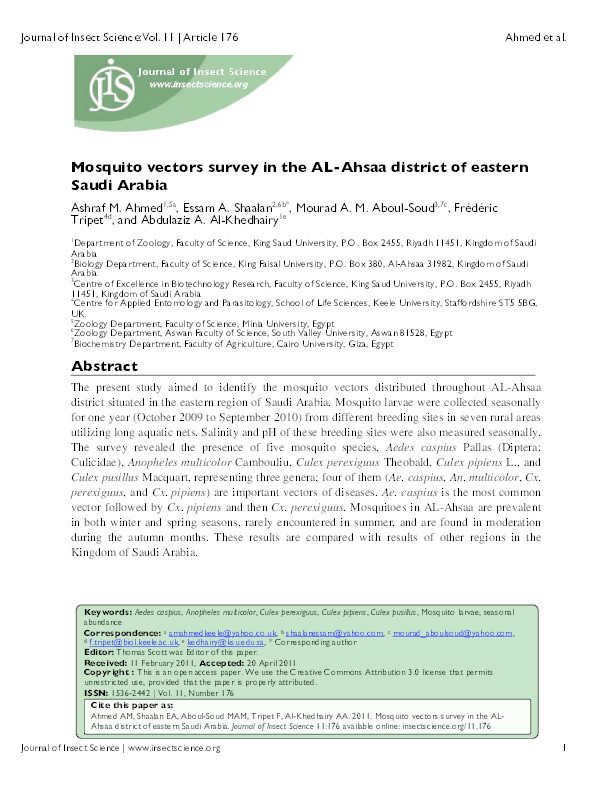 Mosquito vectors survey in the AL-Ahsaa district of eastern Saudi Arabia Thumbnail
