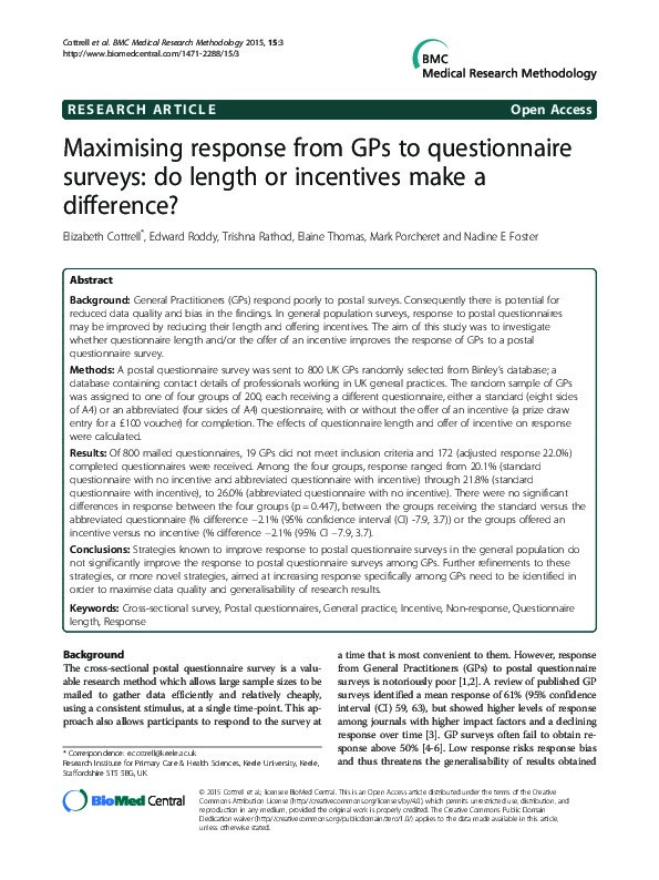Maximising response from GPs to questionnaire surveys: do length or incentives make a difference? Thumbnail