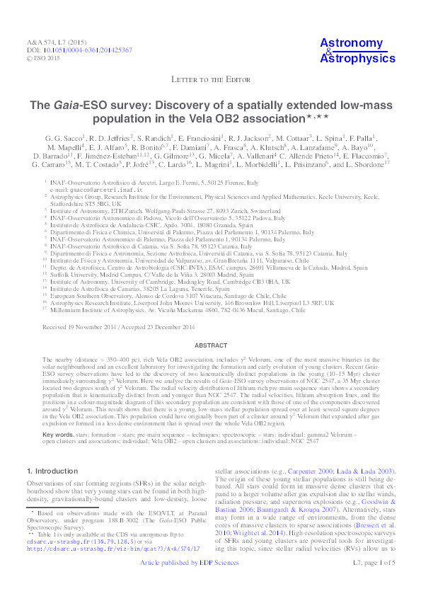 The Gaia-ESO survey: Discovery of a spatially extended low-mass population in the Vela OB2 association Thumbnail