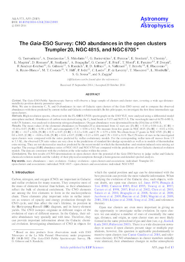 The Gaia-ESO Survey: CNO abundances in the open clusters Trumpler 20, NGC 4815, and NGC 6705 Thumbnail