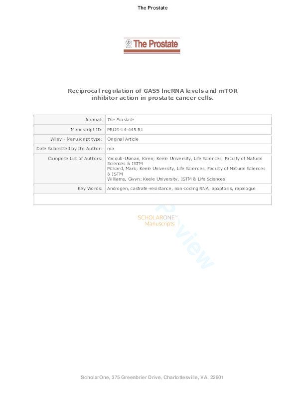 Reciprocal regulation of GAS5 lncRNA levels and mTOR inhibitor action in prostate cancer cells Thumbnail