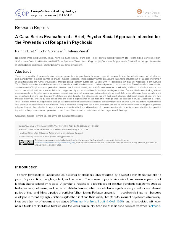 A case-series evaluation of a brief, psycho-social approach intended for the prevention of relapse in psychosis. Thumbnail