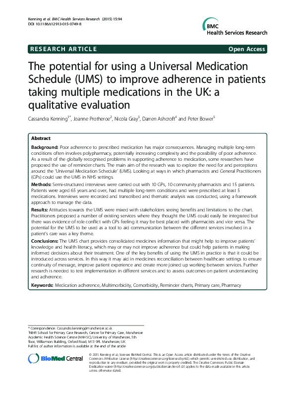 The potential for using a Universal Medication Schedule (UMS) to improve adherence in patients taking multiple medications in the UK: a qualitative evaluation Thumbnail
