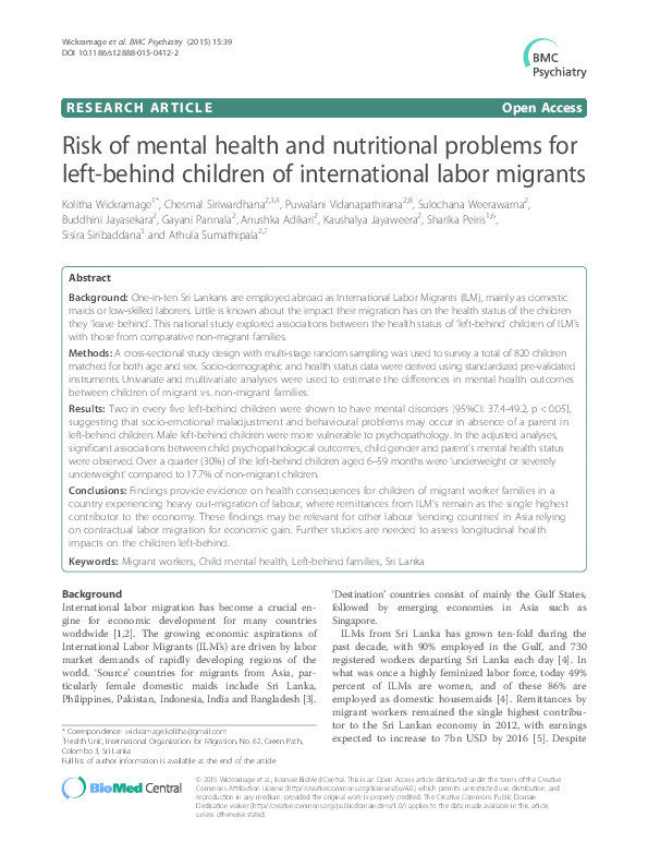 Risk of mental health and nutritional problems for left-behind children of international labor migrants Thumbnail