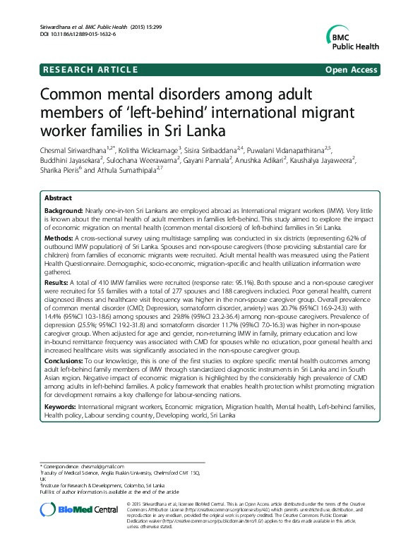 Common mental disorders among adult members of 'left-behind' international migrant worker families in Sri Lanka Thumbnail